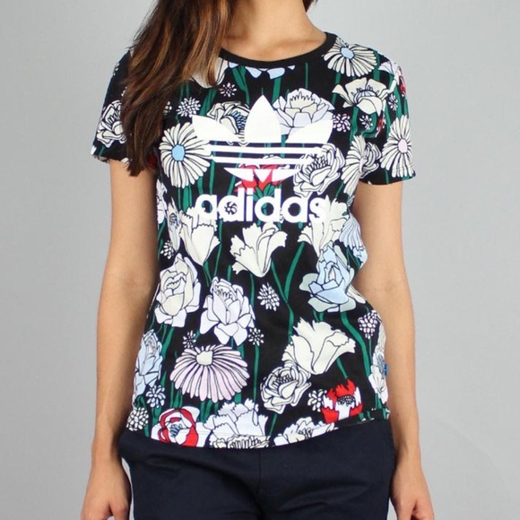 Adidas Trefoil Tee in Black/Multi Floral Print - Picture 2 of 9